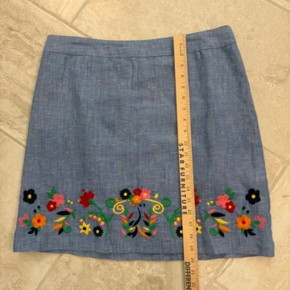 Talbots Chambray Linen/Cotton Embroidered Floral A Line Skirt Size 12 Boho Artsy - Picture 9 of 10